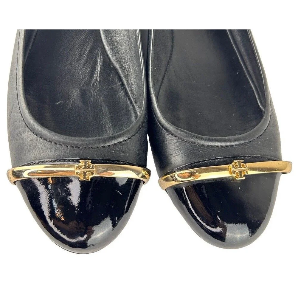 Tory Burch Pacey Black Patent Leather Toe Caps Gold Logo Ballerina Flats Size 10